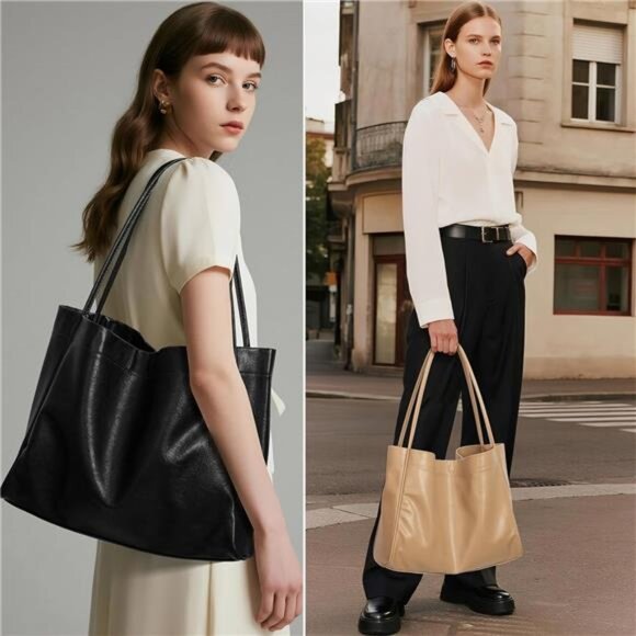 Tote Bag Beige for Women 2 Pcs Large Casual PU Weekender Bag Soft Vegan Leather - Picture 6 of 6